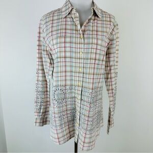 Johnny Was 3J Workshop Plaid Embroidered Button Down Shirt Size XS